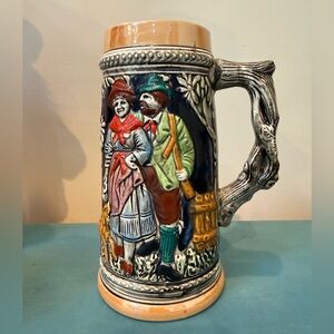 Vintage German Beer Stein Hand-Painted Relief Scene •
Classic Tavern Style